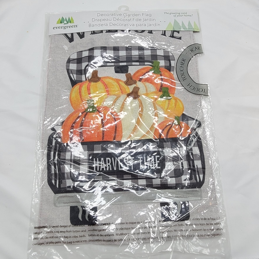 Evergreen Pumpkin Plaid Truck Garden Burlap Flag,  New